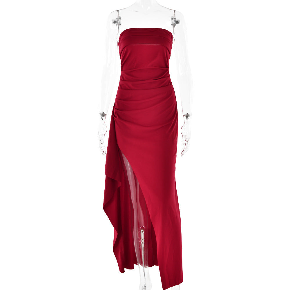 Women's Strapless Pleated Bridesmaid Dress – Long Split Evening Gown for Weddings & Galas